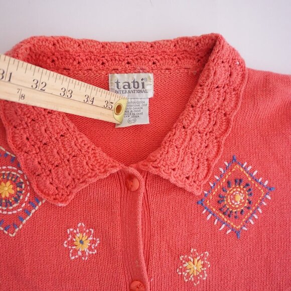 Vintage Tabi Coral Knit w Floral Aztec Cotton Blend Button Cardigan Sweater Xl - Picture 10 of 11
